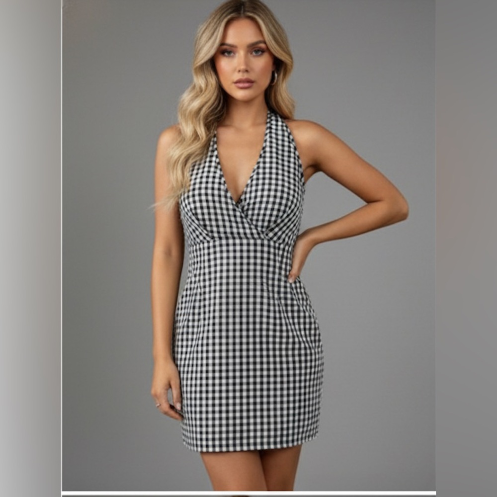 Gingham Print Backless Halter Neck Dress